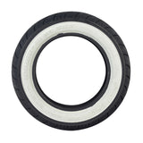 Prima 100/90-10 White Wall Scooter Tire featuring a classic whitewall design and a black rim, perfect for modern scooters like the Genuine Scooter Company's Buddy models.