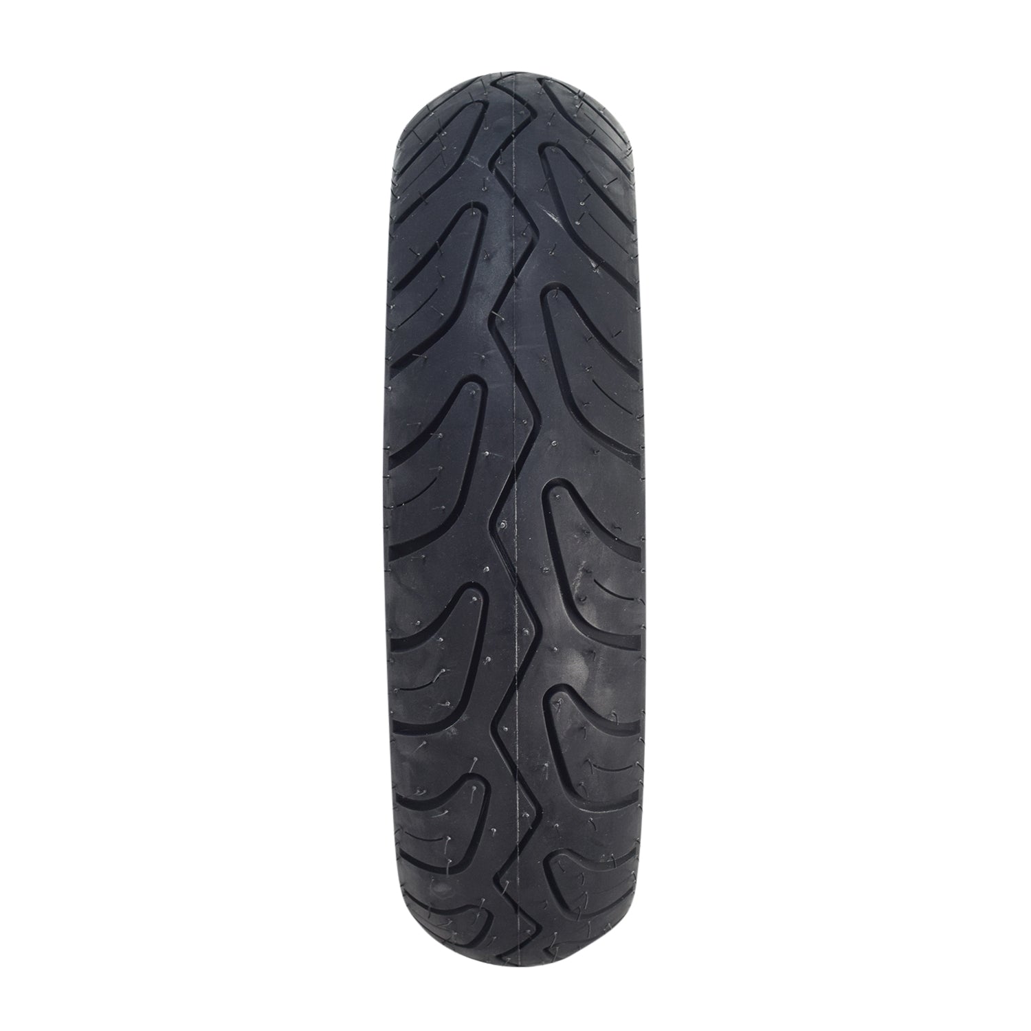 Prima 100/90-10 White Wall Scooter Tire features a detailed tread pattern, ideal for high-end street scooters, combining classic whitewall aesthetics with modern safety and quality.