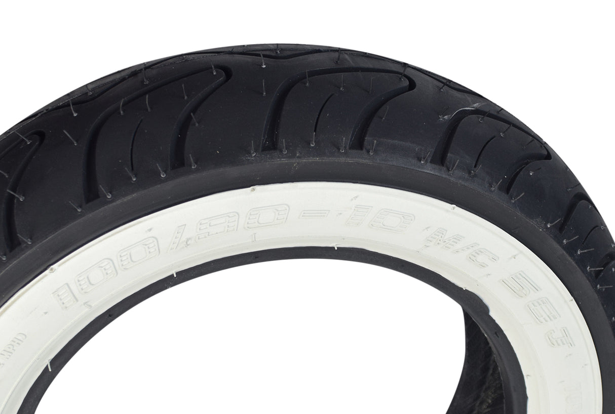 Prima 100/90-10 White Wall Scooter Tire, showcasing close-up tire tread and whitewall design, ideal for high-end scooters, ensuring both classic aesthetics and superior safety.