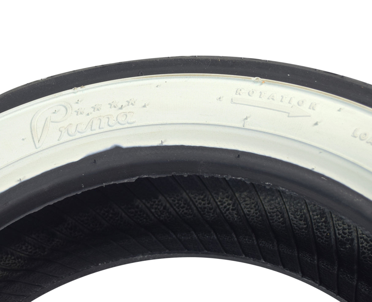 Prima 100/90-10 White Wall Scooter Tire, showcasing a close-up of its tread and distinctive white sidewall, ideal for high-end scooters like the Genuine Buddy 125 and 150 models.