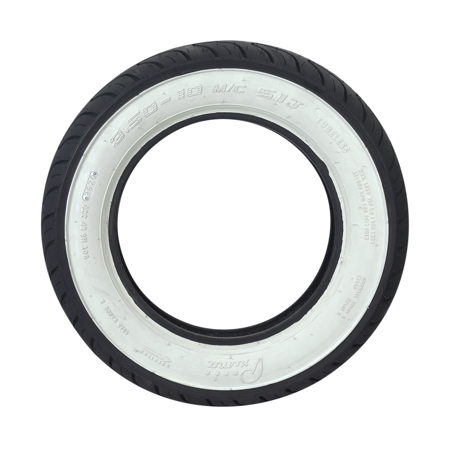 Prima 3.50-10 White Wall Scooter Tire, featuring a distinctive white sidewall and black rubber tread, ideal for vintage Vespa models.