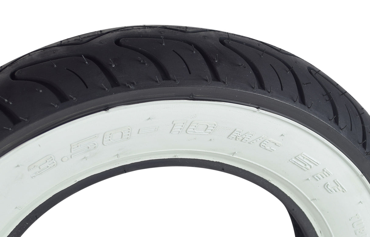 Prima 3.50-10 White Wall Scooter Tire close-up showing tread pattern and classic whitewall design, ideal for vintage Vespas like Sprint, GS, and P200.