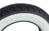 Prima 3.50-10 White Wall Scooter Tire close-up showing tread pattern and classic whitewall design, ideal for vintage Vespas like Sprint, GS, and P200.