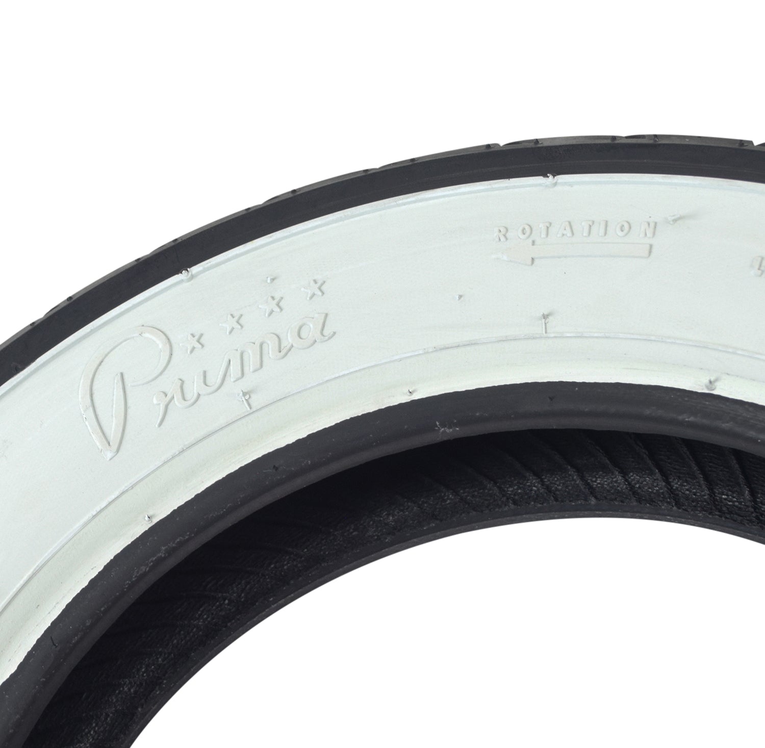 Prima 3.50-10 White Wall Scooter Tire, shown in close-up, highlighting its tread pattern and whitewall design, ideal for vintage Vespa models.