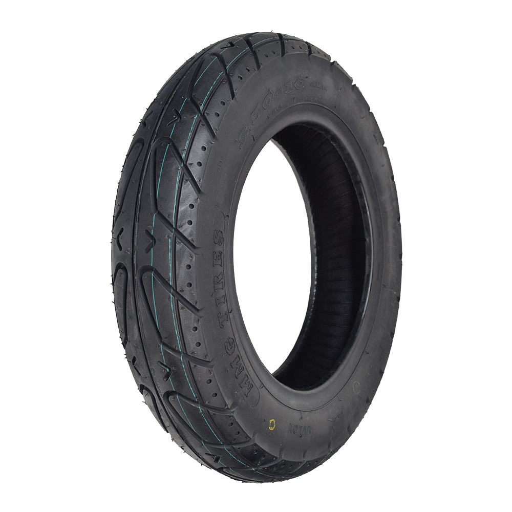 3.50-10 (100/90-10) Tubeless Pneumatic Scooter Tire with K324 Tread, featuring a robust black tire with distinctive blue lines, ideal for vintage and modern motor scooters.