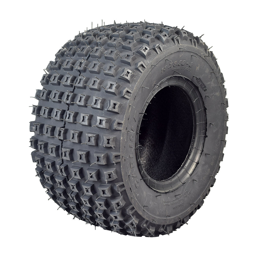 18X9.50-8 Knobby Tire with aggressive tread pattern and spikes, designed for off-road vehicles like ATVs, go-karts, and utility vehicles. Close-up highlights its robust build for superior traction.