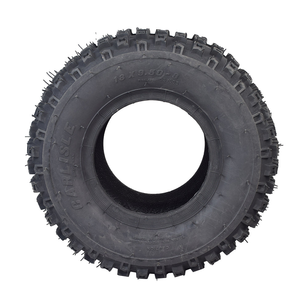 Carlisle 18x9.50-8 Rear Tire with Knobby Tread for Manco Dingo Go-Karts, featuring an aggressive tread pattern for enhanced traction, designed specifically for rough terrain use in go-karts, ATVs, and golf carts.