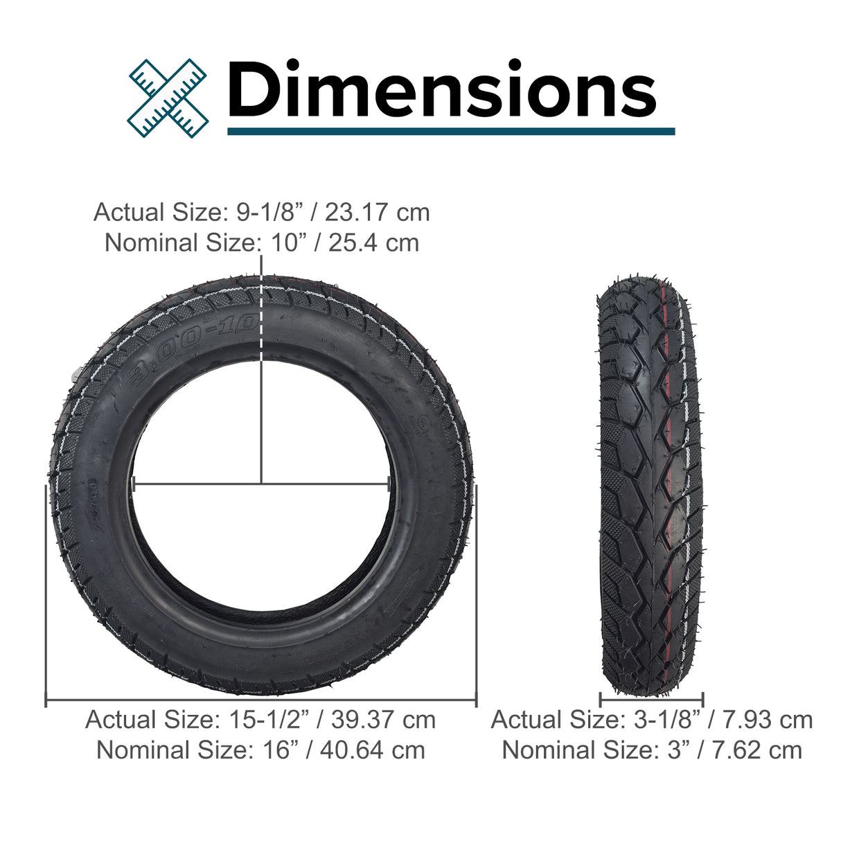 3.00-10 Tubeless Pneumatic Tire with Street Tread for Recreational Style Mobility Scooters shown in size comparison, featuring directional tread pattern suitable for modern scooter models like Drive Medical ZooMe and Pride Mobility Raptor.