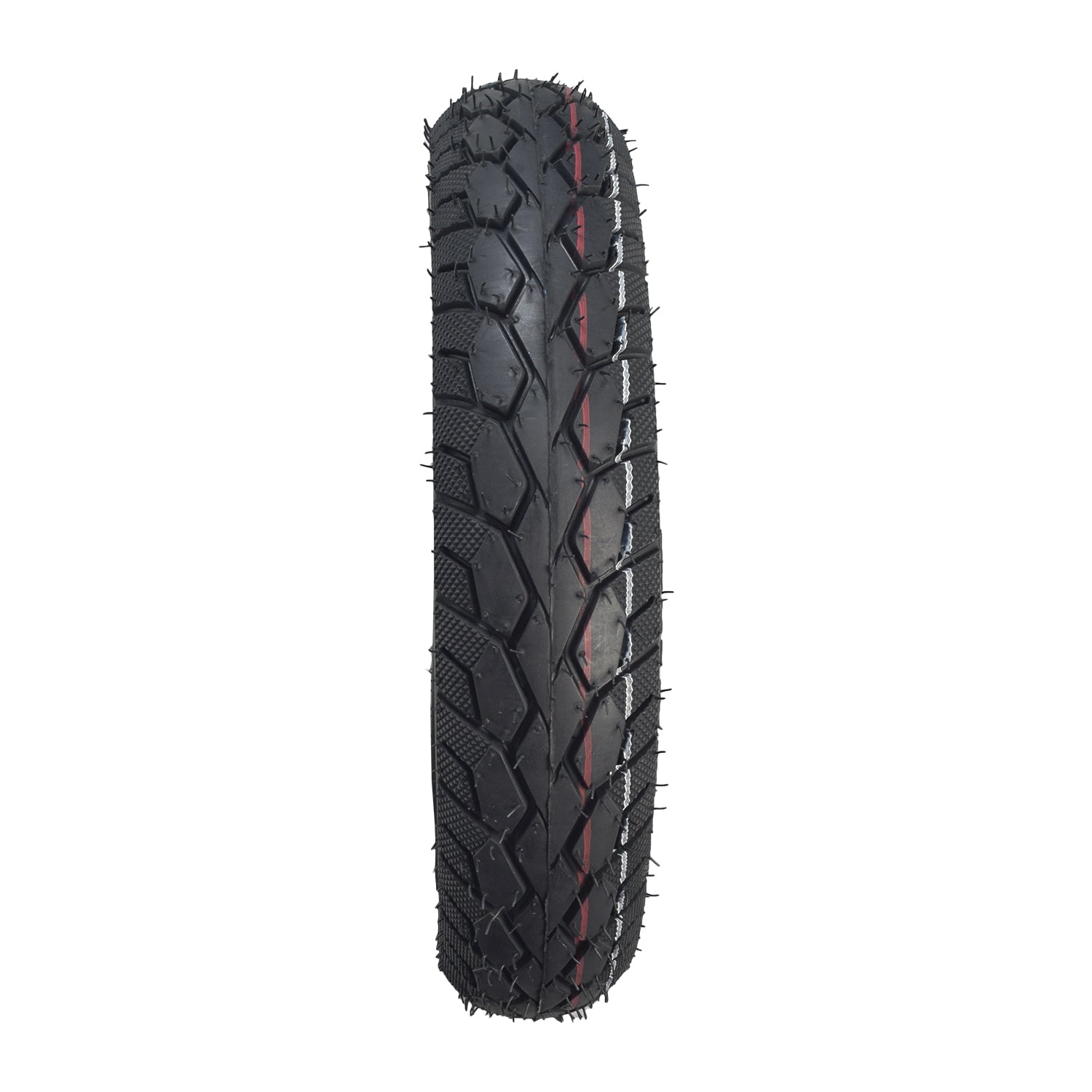 3.00-10 Tubeless Pneumatic Tire with Street Tread for Recreational Style Mobility Scooters, featuring a black tire with a prominent red stripe and directional tread, ideal for enhancing scooter aesthetics.