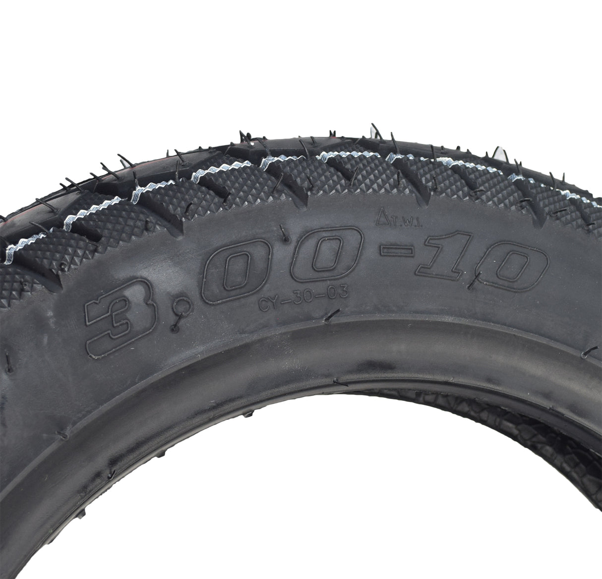 Close-up of a 3.00-10 Tubeless Pneumatic Tire with Street Tread for Recreational Style Mobility Scooters, showcasing detailed tread pattern and sidewall markings, ideal for enhancing scooter aesthetics and performance.