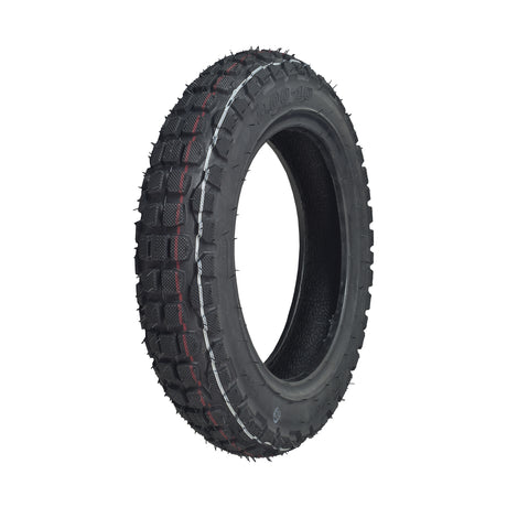 3.00-10 Tubeless Pneumatic Tire with Knobby Dual Sport Tread for Recreational Style Mobility Scooters features a black tire with a distinctive red stripe, ideal for enhanced traction and style.