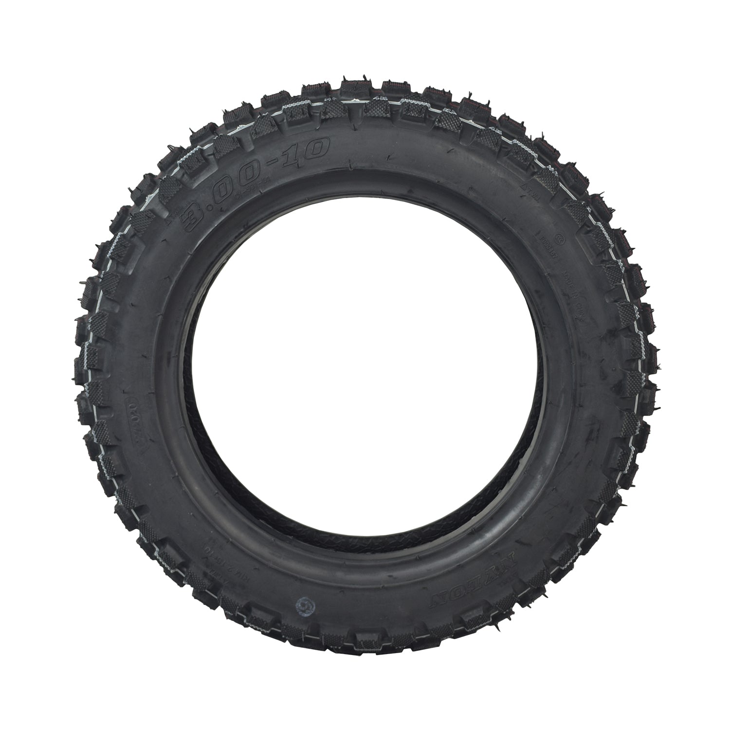 3.00-10 Tubeless Pneumatic Tire with Knobby Dual Sport Tread for Recreational Style Mobility Scooters, featuring a robust black tread design for enhanced traction on various surfaces.