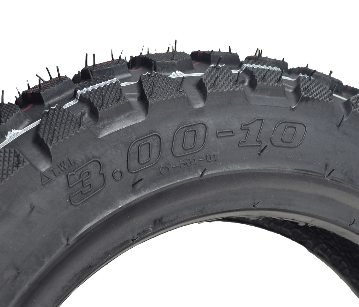 Close-up of a 3.00-10 Tubeless Pneumatic Tire with Knobby Dual Sport Tread, designed for enhanced traction on recreational style mobility scooters.