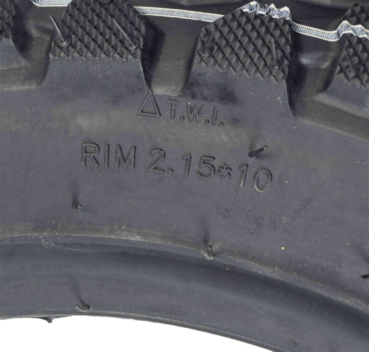 Close-up of a 3.00-10 Tubeless Pneumatic Tire with Knobby Dual Sport Tread for Recreational Style Mobility Scooters, showcasing intricate tread patterns for enhanced traction on various surfaces.