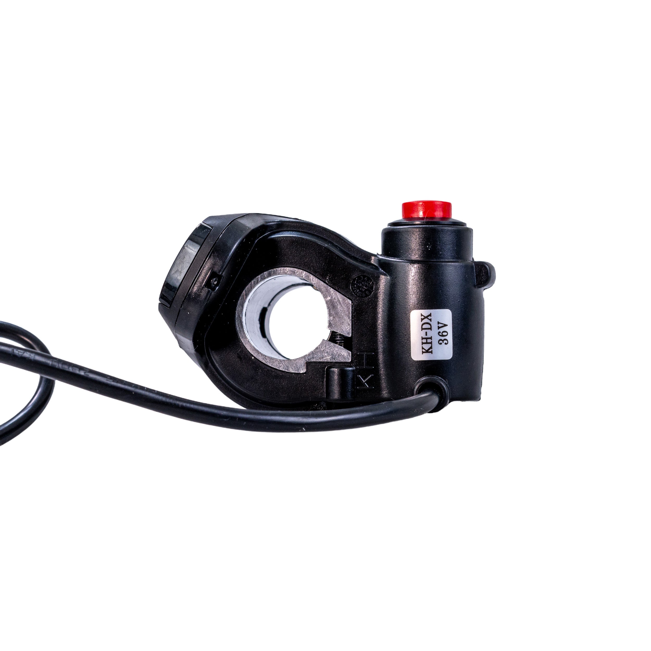 36 Volt Twist Grip Throttle with Battery Indicator & On/Off Switch for the Swagtron EB5 Electric Bike, featuring a black handle with a red button and a 57 cord with a plastic connector.