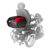 Locking Rear Case for Mobility Scooters: A spacious, mountable storage trunk with a lock and red reflectors, designed to fit behind the seat of various mobility scooters.