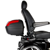 Locking Rear Case for Mobility Scooters: A sturdy black storage trunk with a lock and vibrant red reflectors, designed to mount securely on mobility scooters for safe and convenient transport of belongings.