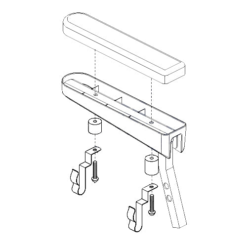 Drawing of Armrest Cane Clips (Style B) for Pride Mobility Scooters, showing a detailed sketch with two clips, two spacers, and two bolts designed to mount under the armrest.