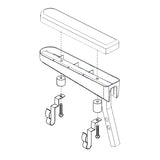 Drawing of Armrest Cane Clips (Style B) for Pride Mobility Scooters, showing a detailed sketch with two clips, two spacers, and two bolts designed to mount under the armrest.