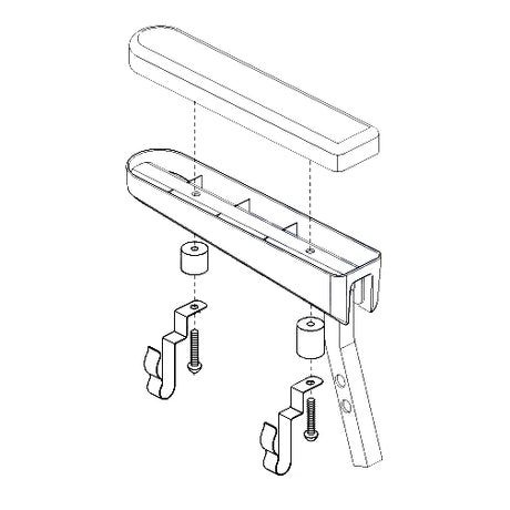 Drawing of Armrest Cane Clips (Style B) for Pride Mobility Scooters, showing a detailed sketch with two clips, two spacers, and two bolts designed to mount under the armrest.