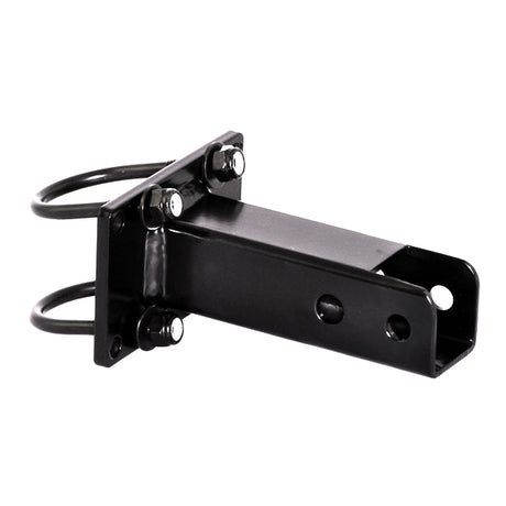 Accessory Mounting Bracket (Version 3) for Jazzy and Quantum Powerchairs, a black metal bracket with screws and a wire, designed to support walker or oxygen cylinder holder assemblies.