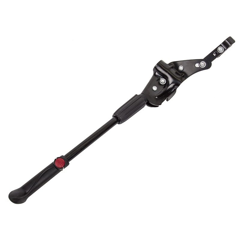 Adjustable Rear Mount Kickstand: A black metal tool with a black handle and a red button, ideal for keeping bicycles upright and stable when not in use.