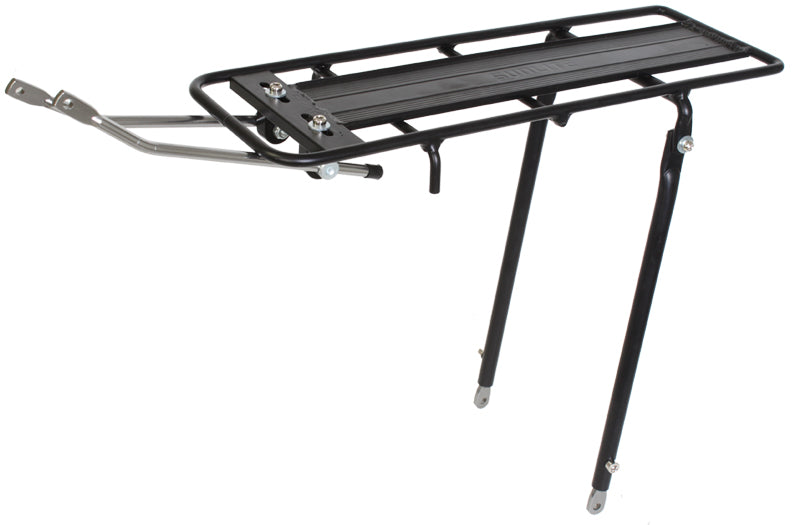 Adjustable Rear Rack with metal wheels, designed for bikes and scooters. This black metal rack offers practical and versatile support for various types of scooters and bicycles.