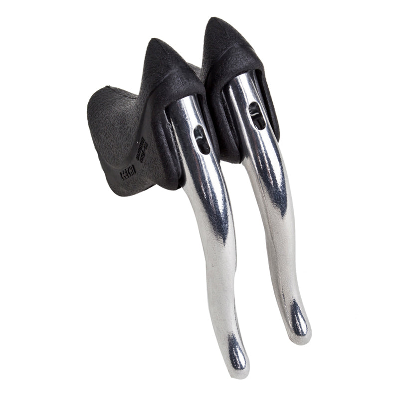 Aero Levers Pair: close-up of black and silver forged aluminum bicycle brake levers designed for caliper and cantilever brakes, with a 25.4mm to 26mm clamp size.