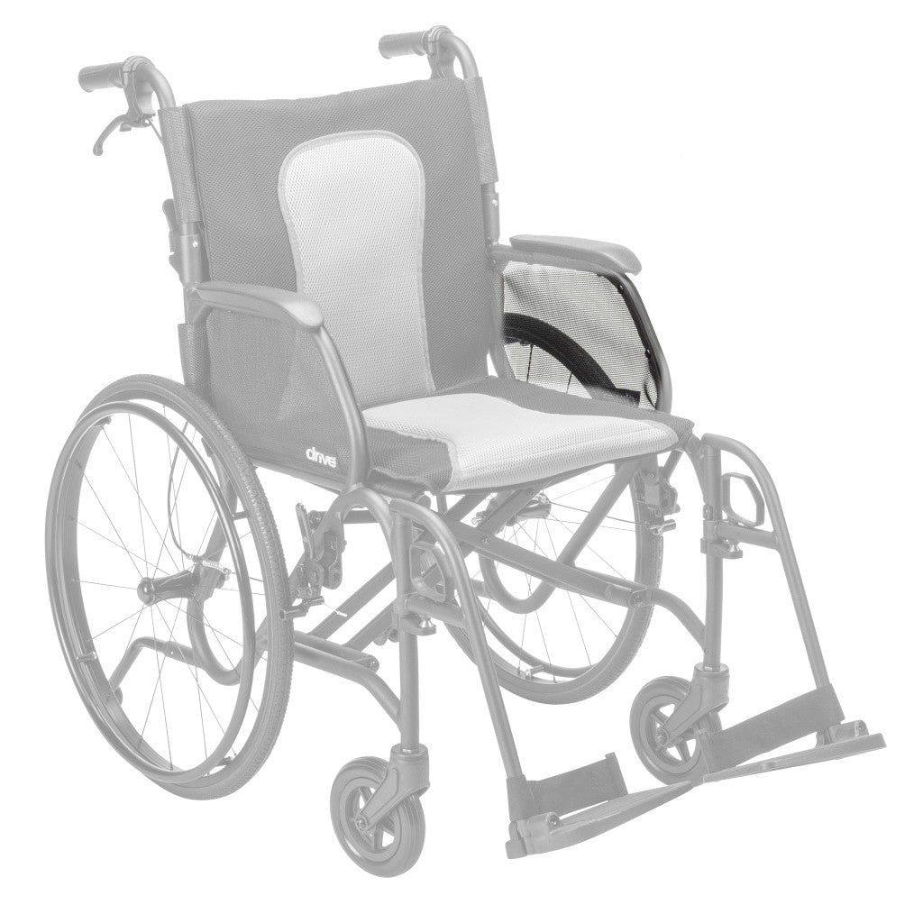 AEROFLY-21 left clothing guard shown in color on the Drive Medical AeroFly Ultra-Lite Wheelchair, rest of the wheelchair greyed out