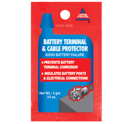 Battery Terminal and Cable Protector for Mobility Scooters - Single-Use 4g Pouch, shown in a red and blue package, with a close-up of a battery terminal application.