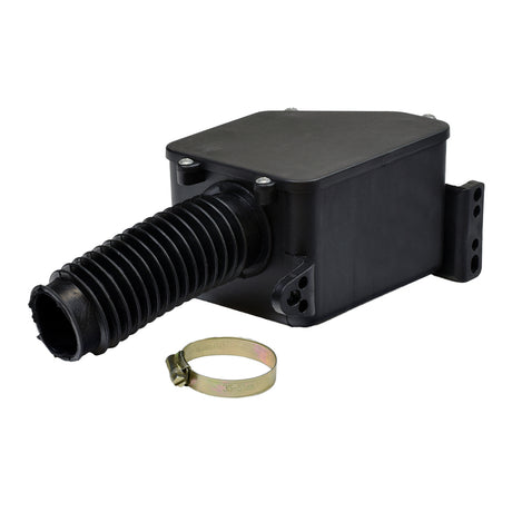 Universal Air Filter Box Assembly for 125cc & 150cc ATVs & Dirt Bikes, featuring a black plastic box with an attached hose, hose clamp, and filter element, compatible with various Chinese-made ATV models.