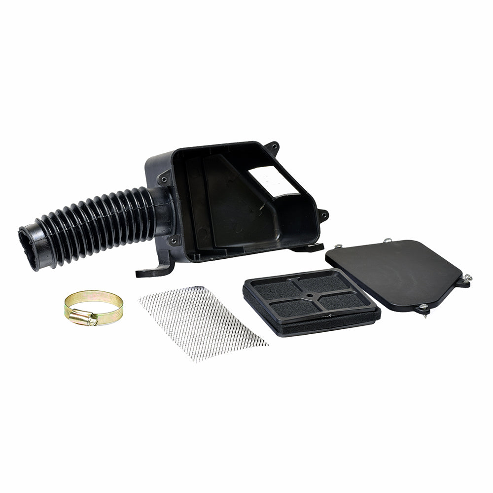 Universal Air Filter Box Assembly for 125cc & 150cc ATVs & Dirt Bikes featuring a black plastic box with attached hose, filter element, and hose clamp, compatible with various ATV and dirt bike models.