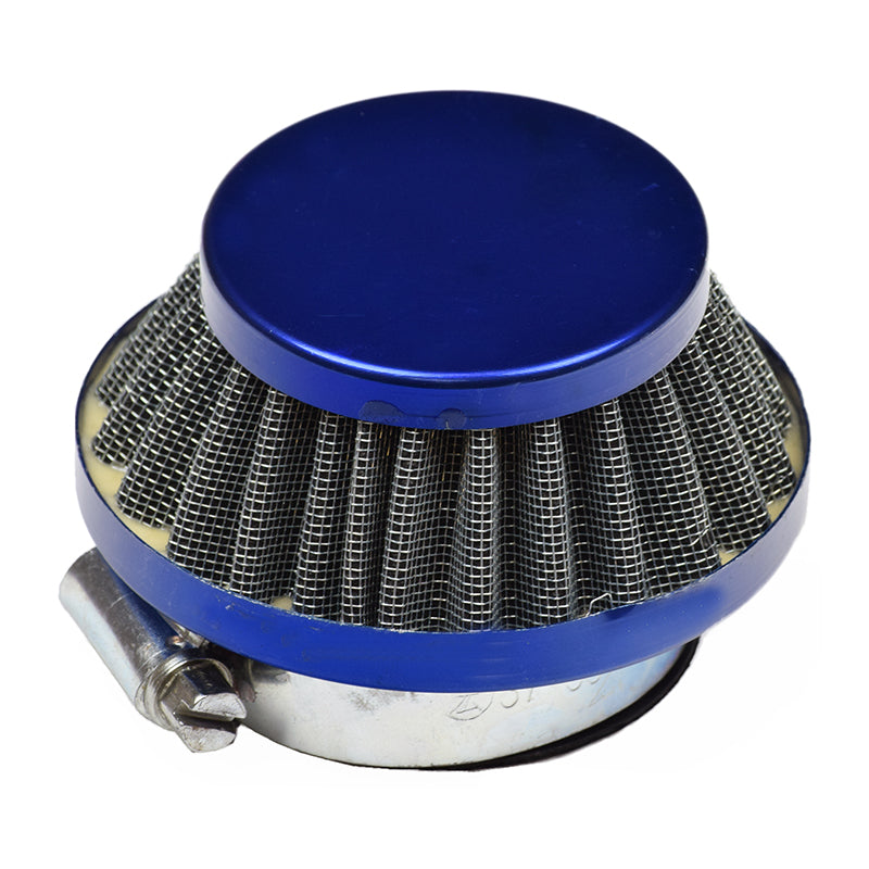 Air Filter for Recreational 49cc & 52cc Gas Scooters, featuring a blue and silver design, on a white surface. Suitable for most small gas scooter engines, enhancing performance and preventing engine wear.