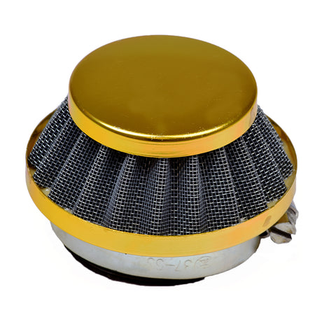 Air Filter for Recreational 49cc & 52cc Gas Scooters: A round metal and mesh device with a gold lid, designed to enhance airflow and protect small gas scooter engines from dirt and wear.