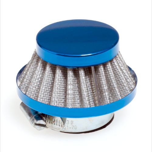 Close-up of the Blue Air Filter for Gas Scooters, showcasing its blue and silver design, suitable for gas scooter engines from 33cc to 52cc for enhanced airflow and performance.