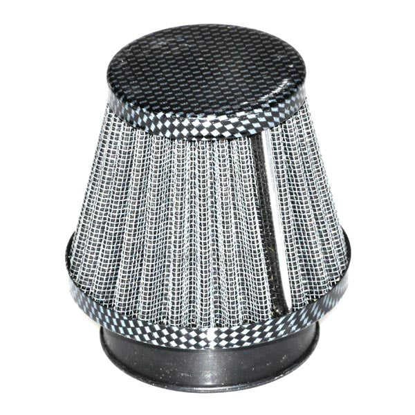 Carbon Fiber Style Air Filter for Gas Scooters, shown in a close-up, highlighting its intricate design and high-performance build, suitable for engine sizes ranging from 33cc to 52cc.