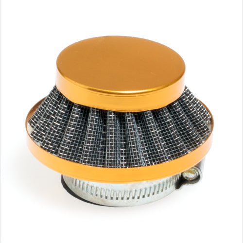 Close-up of the Gold Air Filter for Gas Scooters, showcasing its fine mesh and detailed construction, designed to fit most small gas scooter engines, enhancing performance and reducing wear.