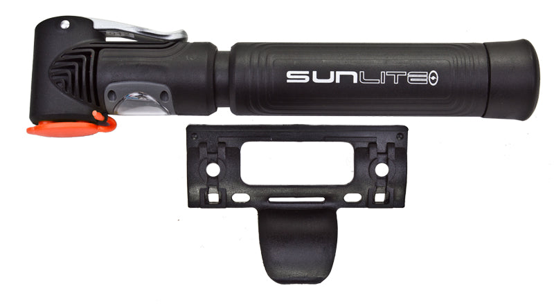 Air Surge 2-Stage Pocket Pump with a black handle, designed for bikes and scooters, shown against a plain background.