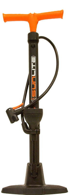 Air Surge Comp Lite Floor Pump with Gauge, featuring a black and orange design with a hose, ideal for bikes and scooters.