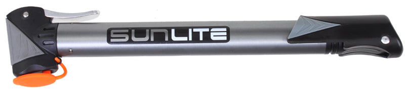 Close-up of the Air Surge Frame Pump, a grey tool designed for bikes and scooters, showcasing its practical design and build quality.