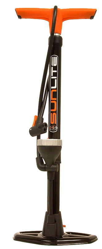 Close-up of the Air Surge Pro 2-Stage Floor Pump, showing the detailed structure of the hand pump, highlighting its robust design and suitability for bikes and scooters.