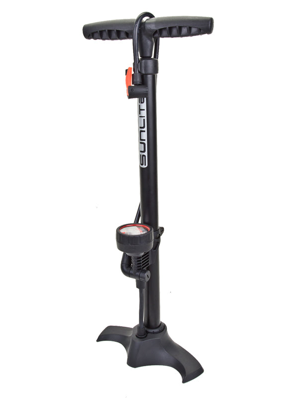 Air Surge Sport Floor Pump with attached gauge, ideal for bikes and scooters.