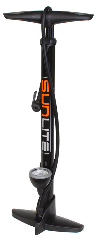 Air Surge TwinValve Floor Pump with a black hose, suitable for bikes and scooters, from Sunlite.