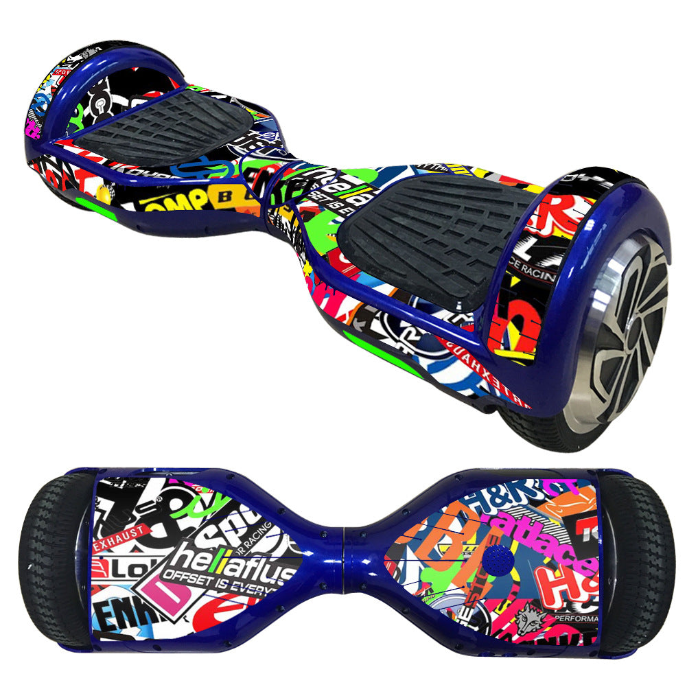 Decorative Decal Sticker Skins for 6.5 Self-Balancing Hoverboards, featuring colorful designs, applied on a blue hoverboard.