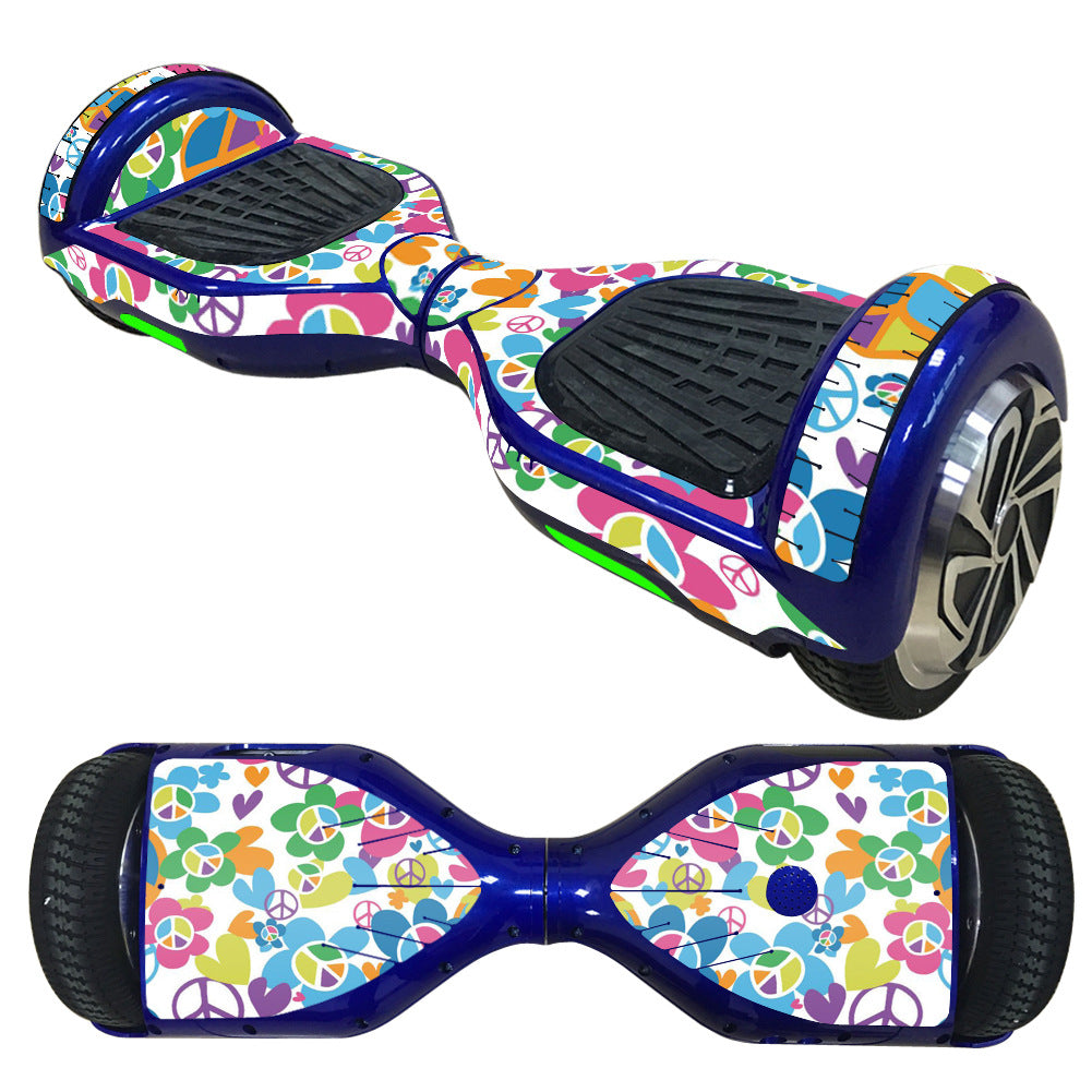 Decorative Decal Sticker Skins for 6.5 Self-Balancing Hoverboards featuring vibrant designs, shown applied on a blue hoverboard. Ideal for refreshing your hoverboard's appearance with easy application.