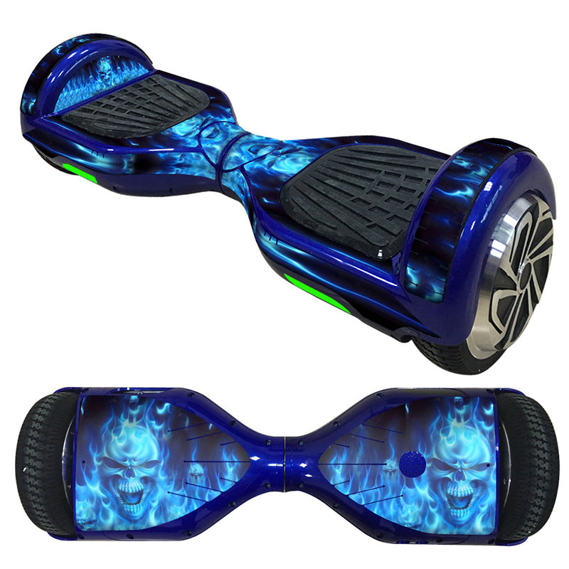 Decorative Decal Sticker Skins for 6.5 Self-Balancing Hoverboards featuring a blue hoverboard with flame decals and black wheels.