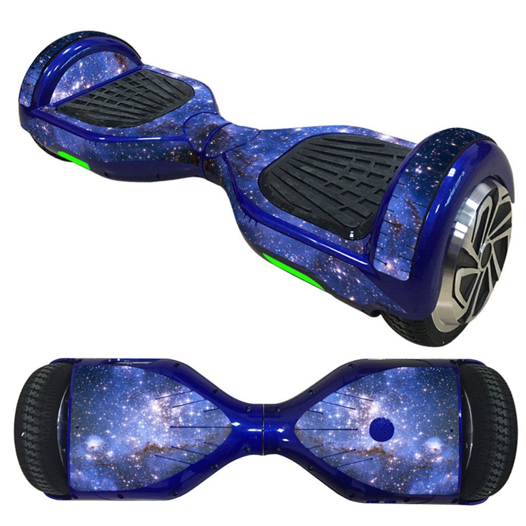 Decorative Decal Sticker Skins for 6.5 Self-Balancing Hoverboards with a blue and black space design, featuring stars and planets, enhancing and personalizing your hoverboard's appearance. Easy application, perfect fit.