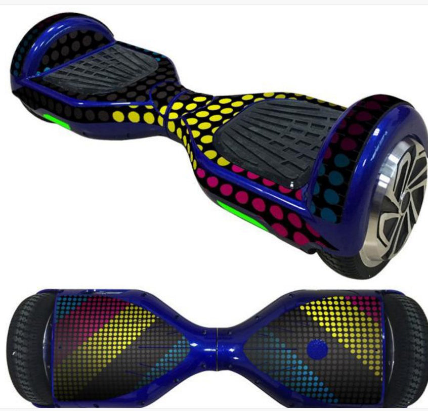 Decorative Decal Sticker Skins for 6.5 Self-Balancing Hoverboards, featuring a blue and yellow dotted design, easily applied to refresh the look of your hoverboard, covering its panels precisely.