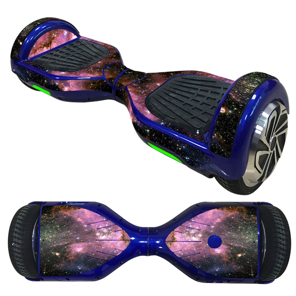 Decorative Decal Sticker Skins for 6.5 Self-Balancing Hoverboards, featuring a space-themed design, shown applied to a hoverboard with close-ups of wheels and panels.