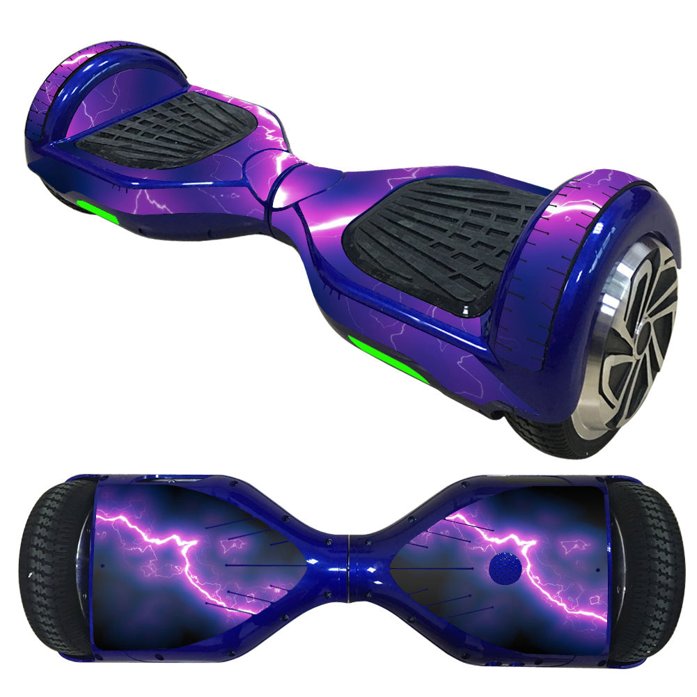 Decorative Decal Sticker Skins for 6.5 Self-Balancing Hoverboards featuring a purple hoverboard with a lightning design, showcasing close-ups of the wheel and tire for detailed view.